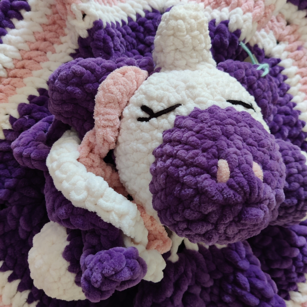 Handmade Crochet Purple and White Plush Unicorn Security Blanket